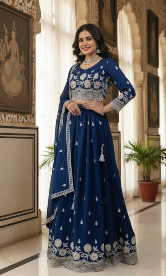 Deep Royal Blue Pleated Lehenga Set