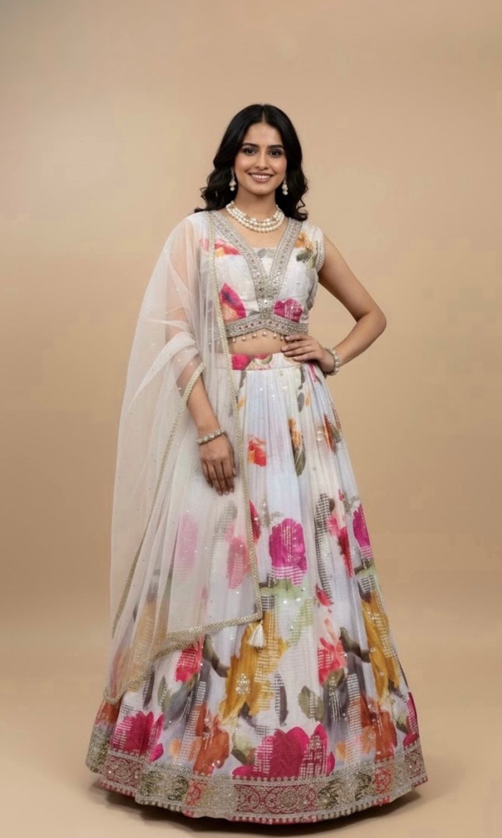 Muted Off-White Multi-Colour Pleated Lehenga Set