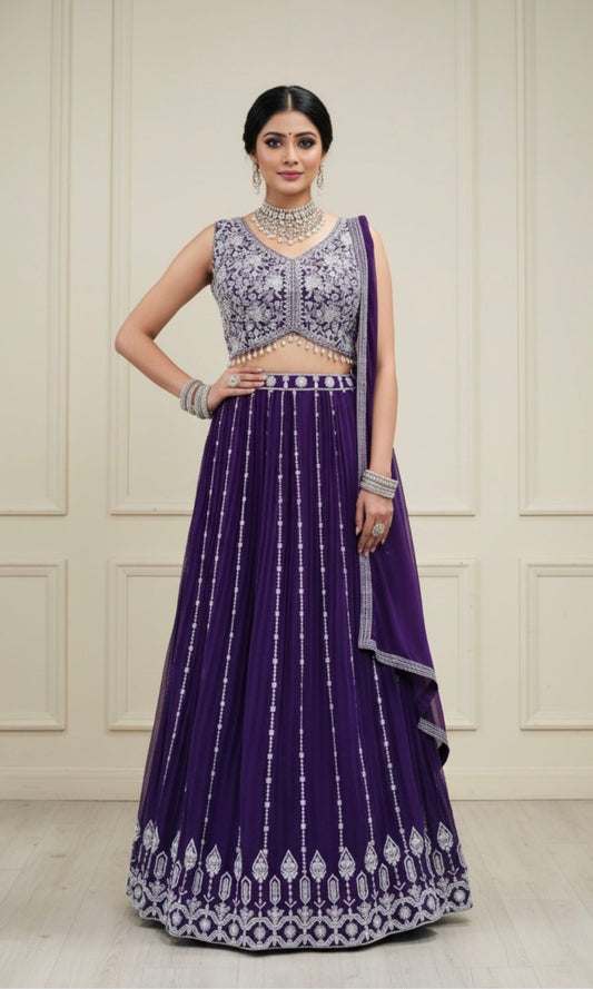 Dark-Violet Embroidered Georgette Lehenga Set