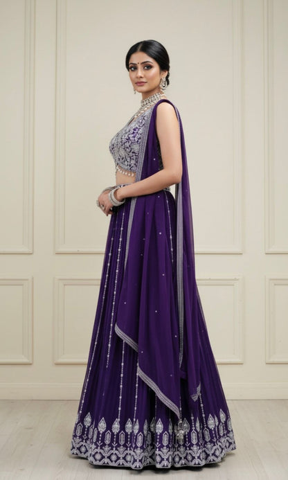 Dark-Violet Embroidered Georgette Lehenga Set