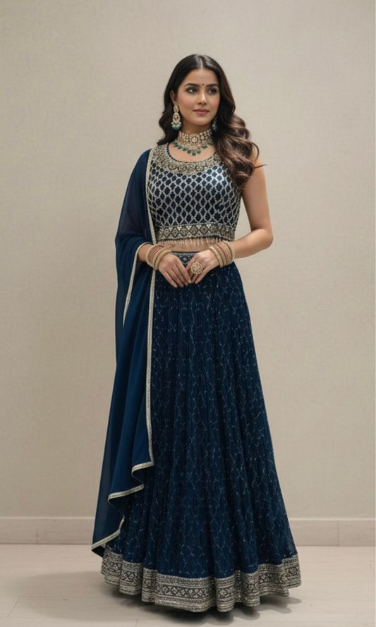 Deep Blue Embroided Lehenga Set