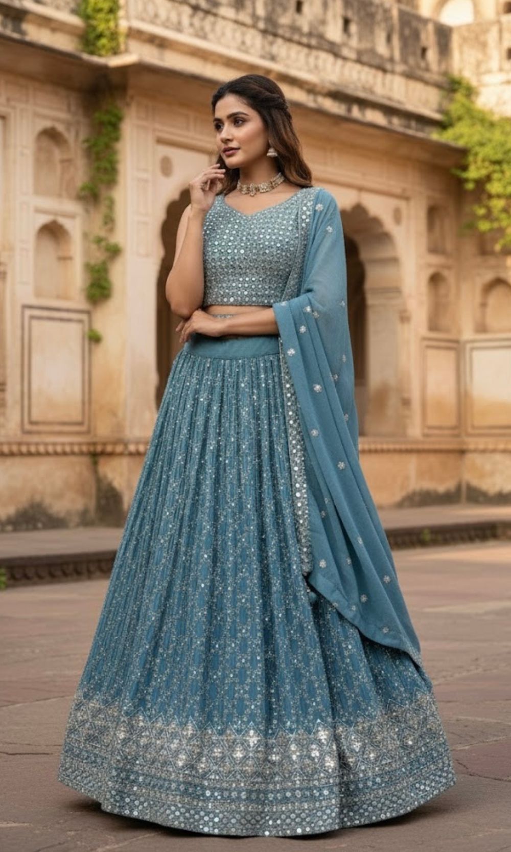 Blue Mirror & Sequin Embroidered Lehenga Set