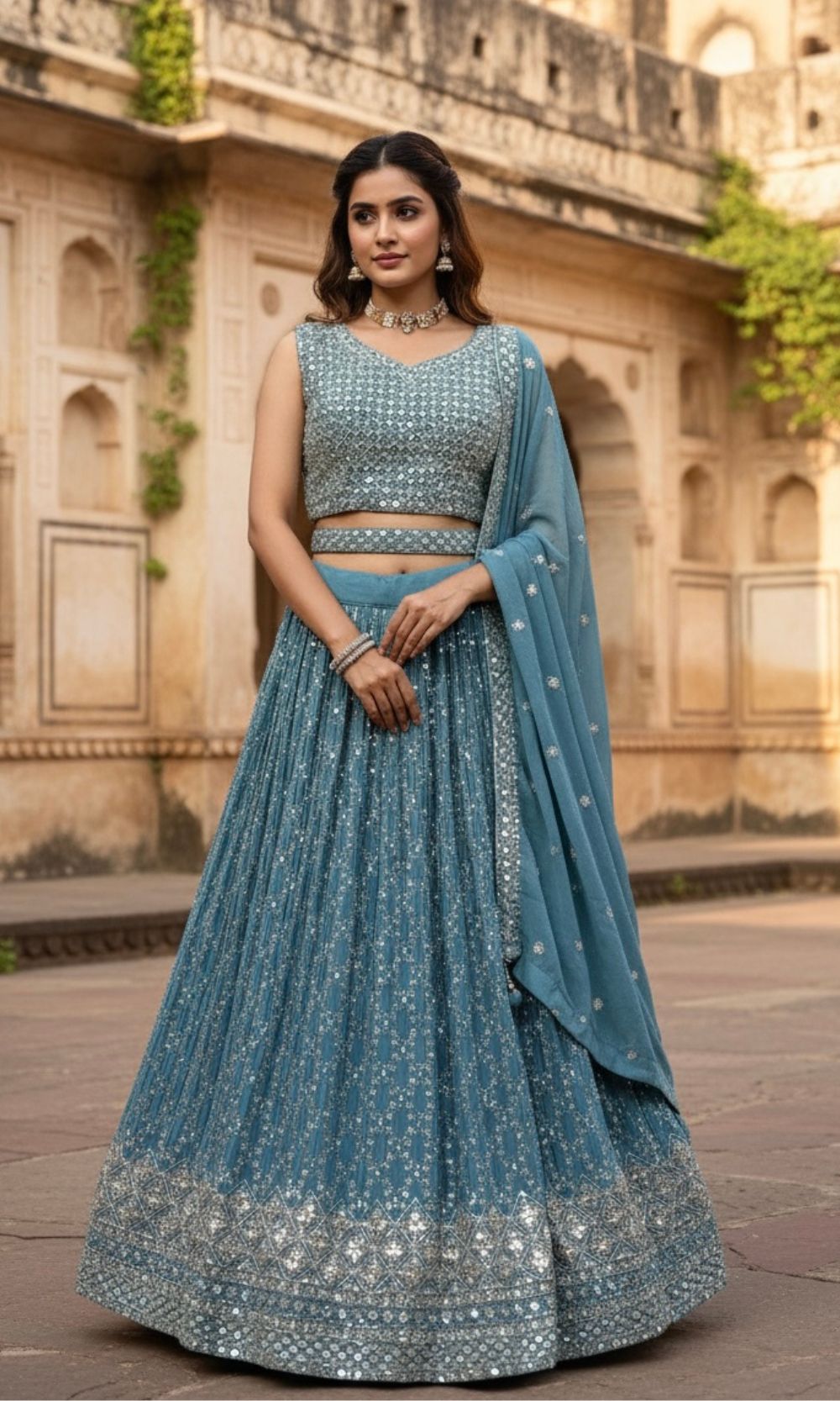 Blue Mirror & Sequin Embroidered Lehenga Set