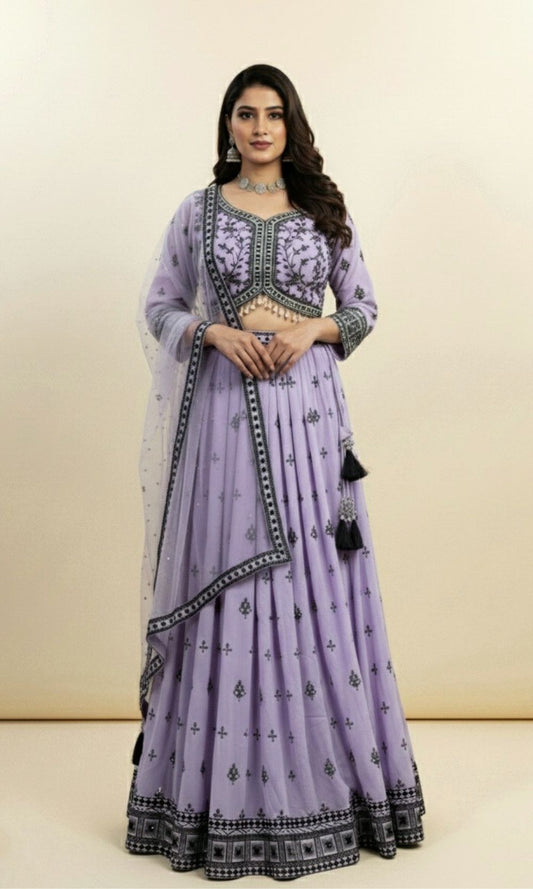 Lavender-Black Embroidered Lehenga Set