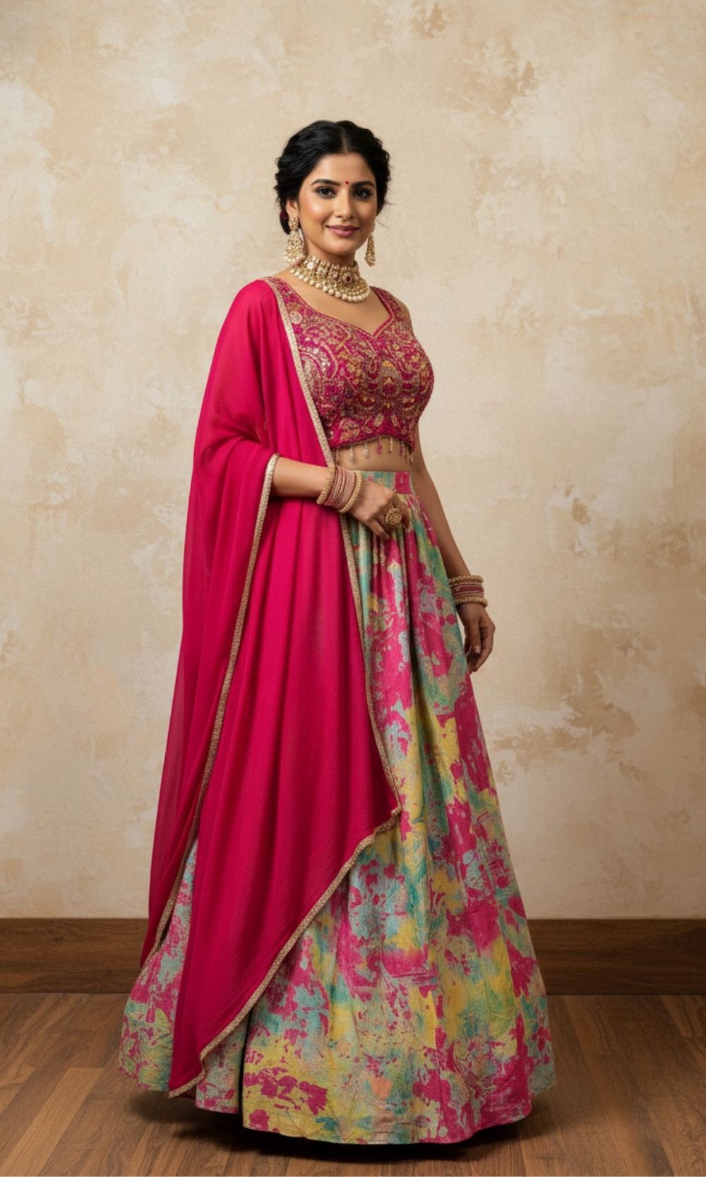 Pink Multi-Colour Pleated Lehenga Set