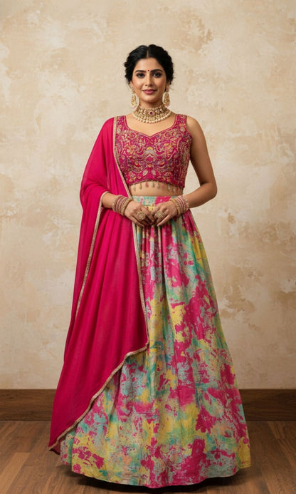 Pink Multi-Colour Pleated Lehenga Set