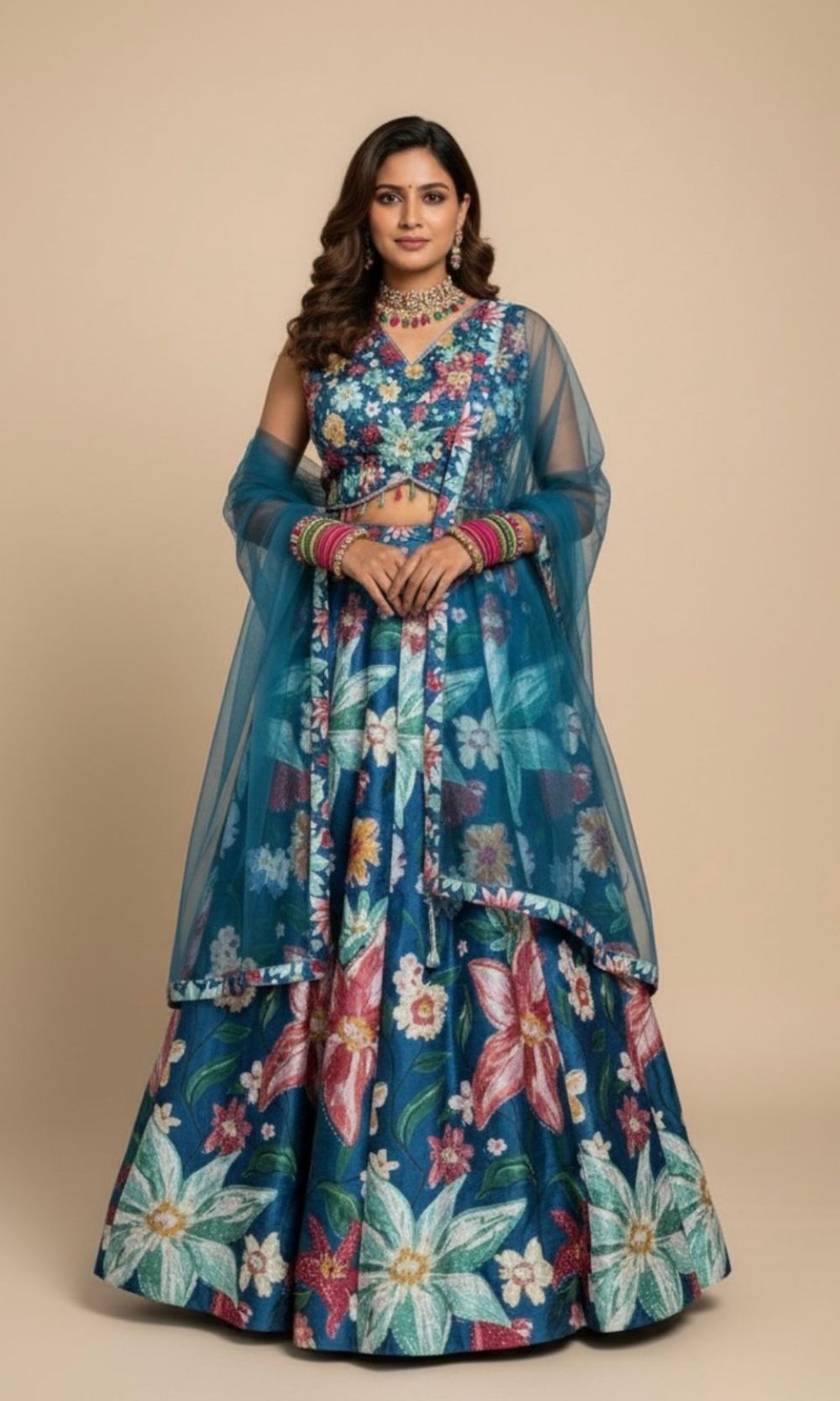 Blue Raw-Silk Floral Lehenga Set