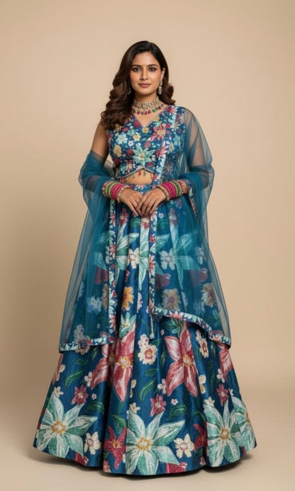Blue Raw-Silk Floral Lehenga Set