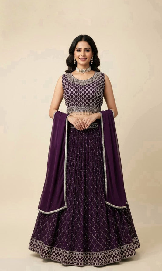 Deep Wine Mirror Embroidered Lehenga Set