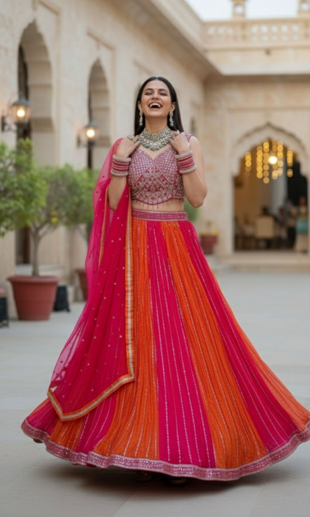 Pink-Orange Embroided Lehenga Set