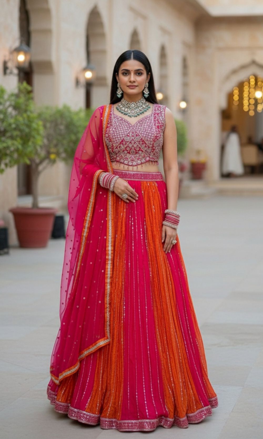 Pink-Orange Embroided Lehenga Set