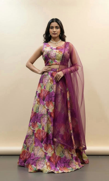 Multi-colour Organza Floral Printed Lehenga Set
