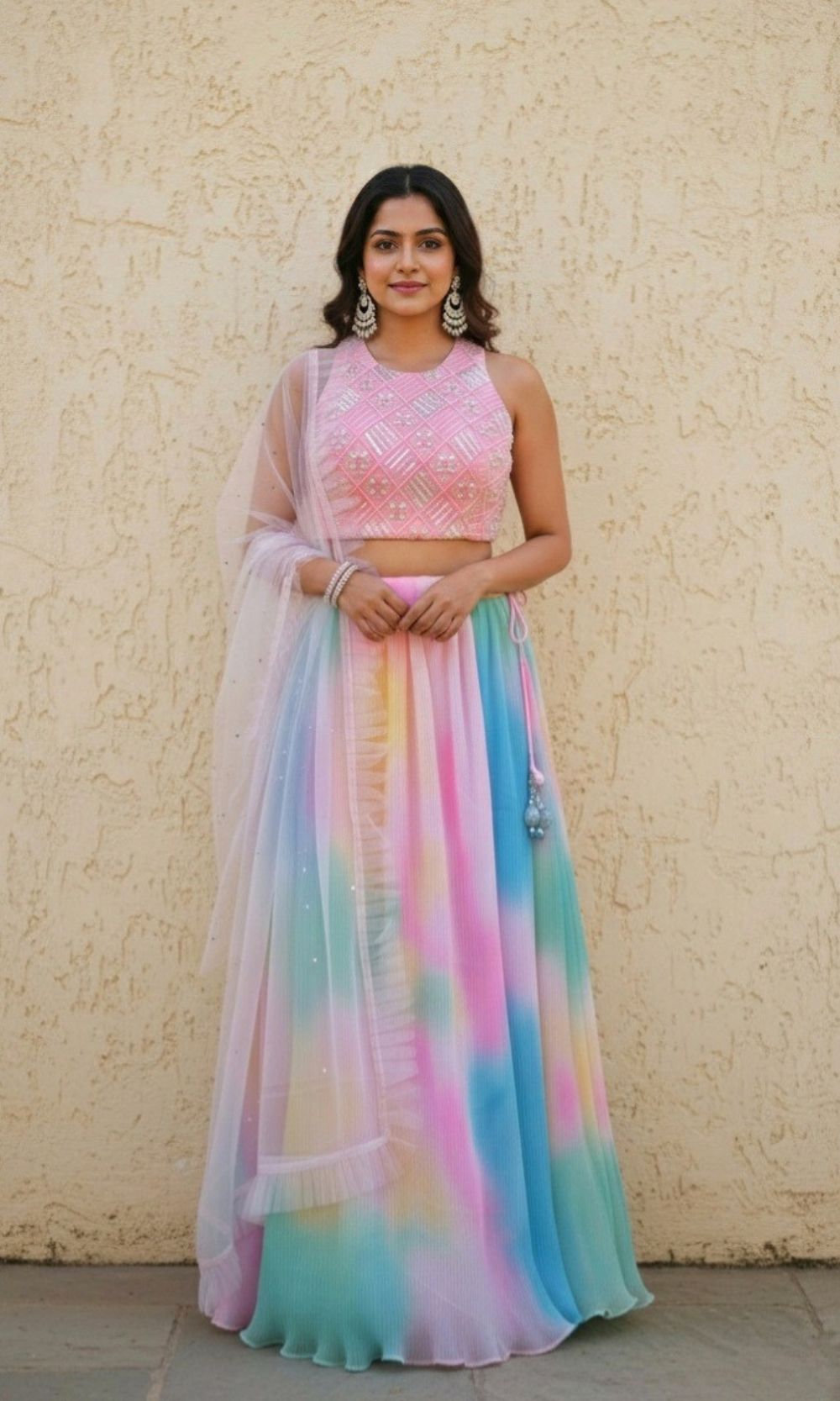 Multi-Colour Pleated Tie-Dye Lehenga Set