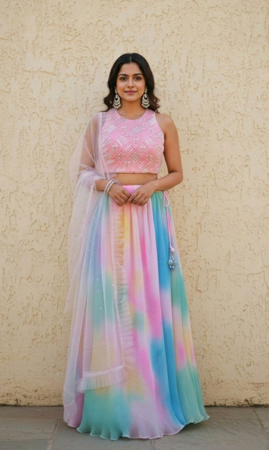 Multi-Colour Pleated Tie-Dye Lehenga Set