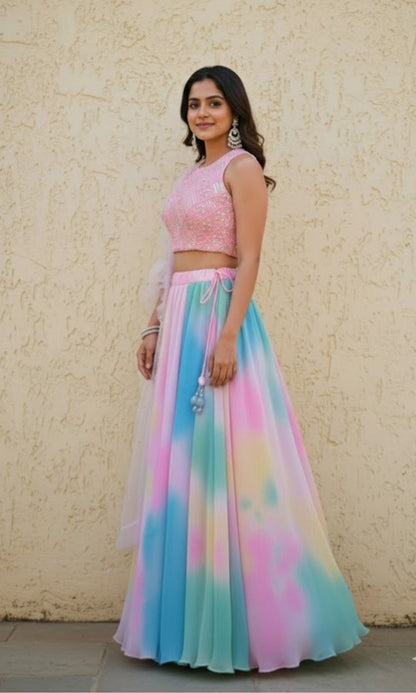 Multi-Colour Pleated Tie-Dye Lehenga Set