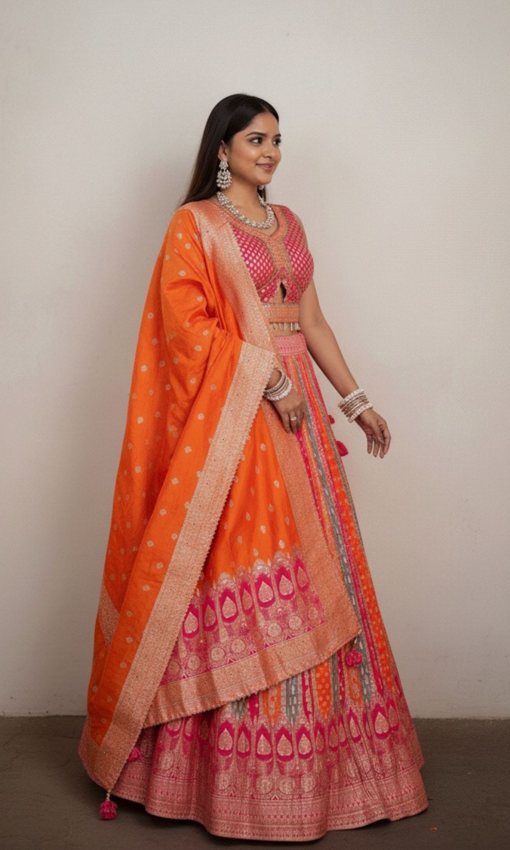 Pink-Orange Banarasi Lehenga Set