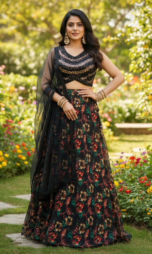 Black Floral Organza Sequin Lehenga Set