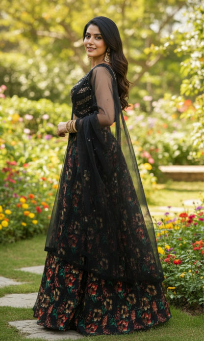 Black Floral Organza Sequin Lehenga Set
