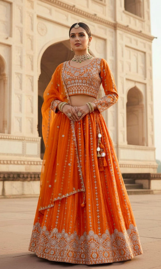 Orange Embroidered Lehenga Set