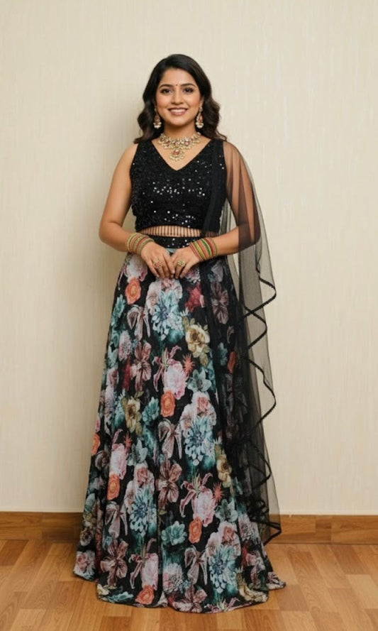 Black Floral Organza Lehenga Set