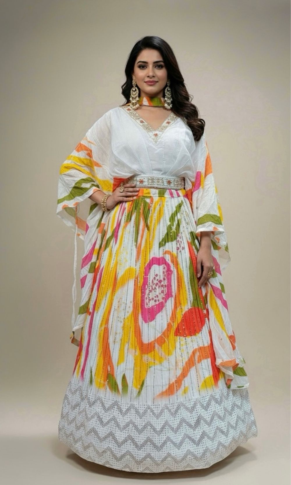 White Multi-Colour Floral Print Lehenga Set