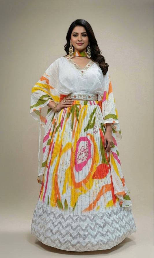 White Multi-Colour Floral Print Lehenga Set