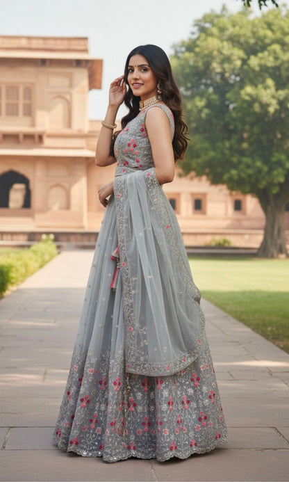 Gray Silver Pleated Lehenga Set