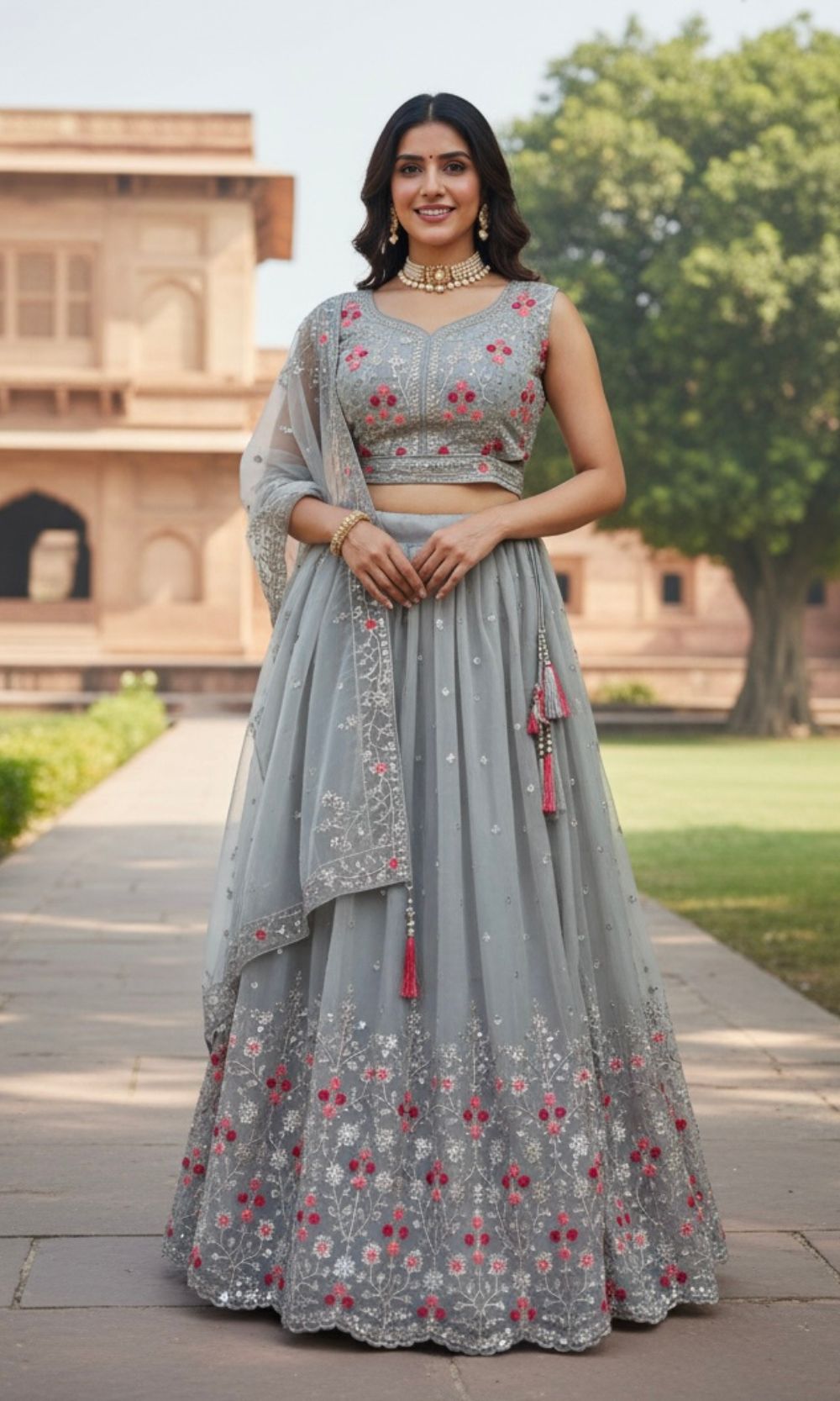 Gray Silver Pleated Lehenga Set
