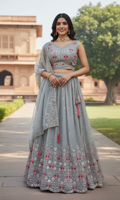 Gray Silver Pleated Lehenga Set