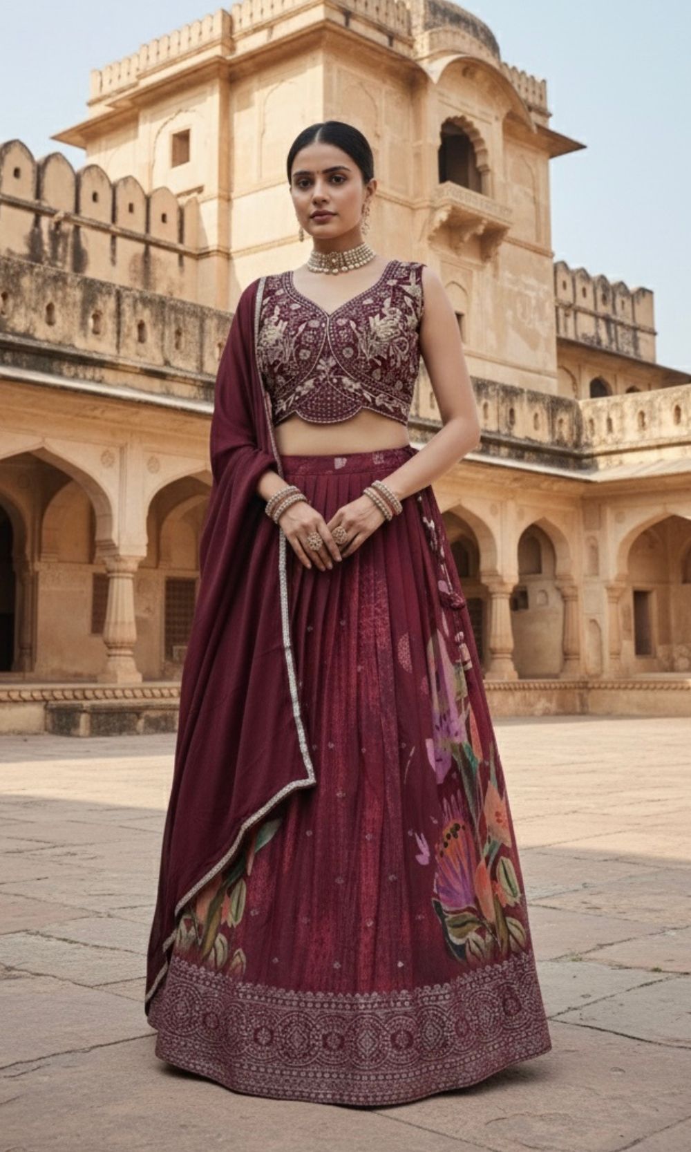 Wine-Brown Floral Printed Lehenga Set