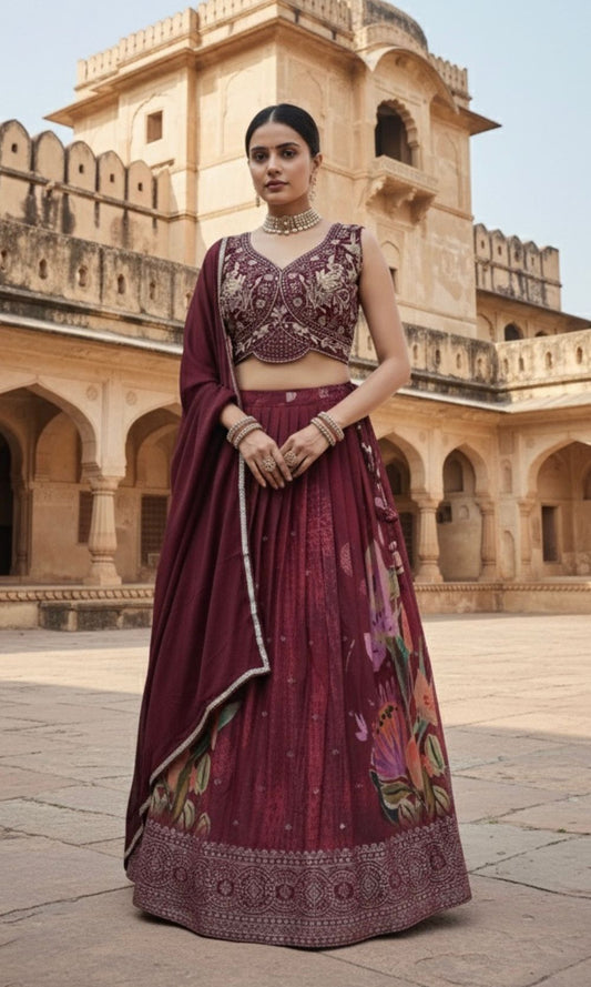 Wine-Brown Floral Printed Lehenga Set