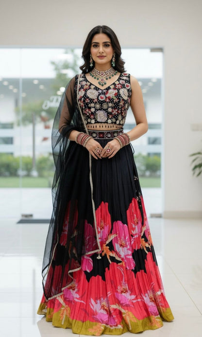 Black Multi-Colour Floral Print Lehenga Set