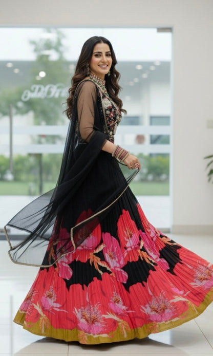 Black Multi-Colour Floral Print Lehenga Set