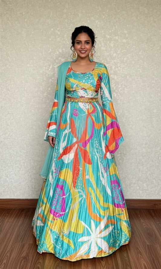 Turquoise Blue Multi-Colour Pleated Lehenga Set