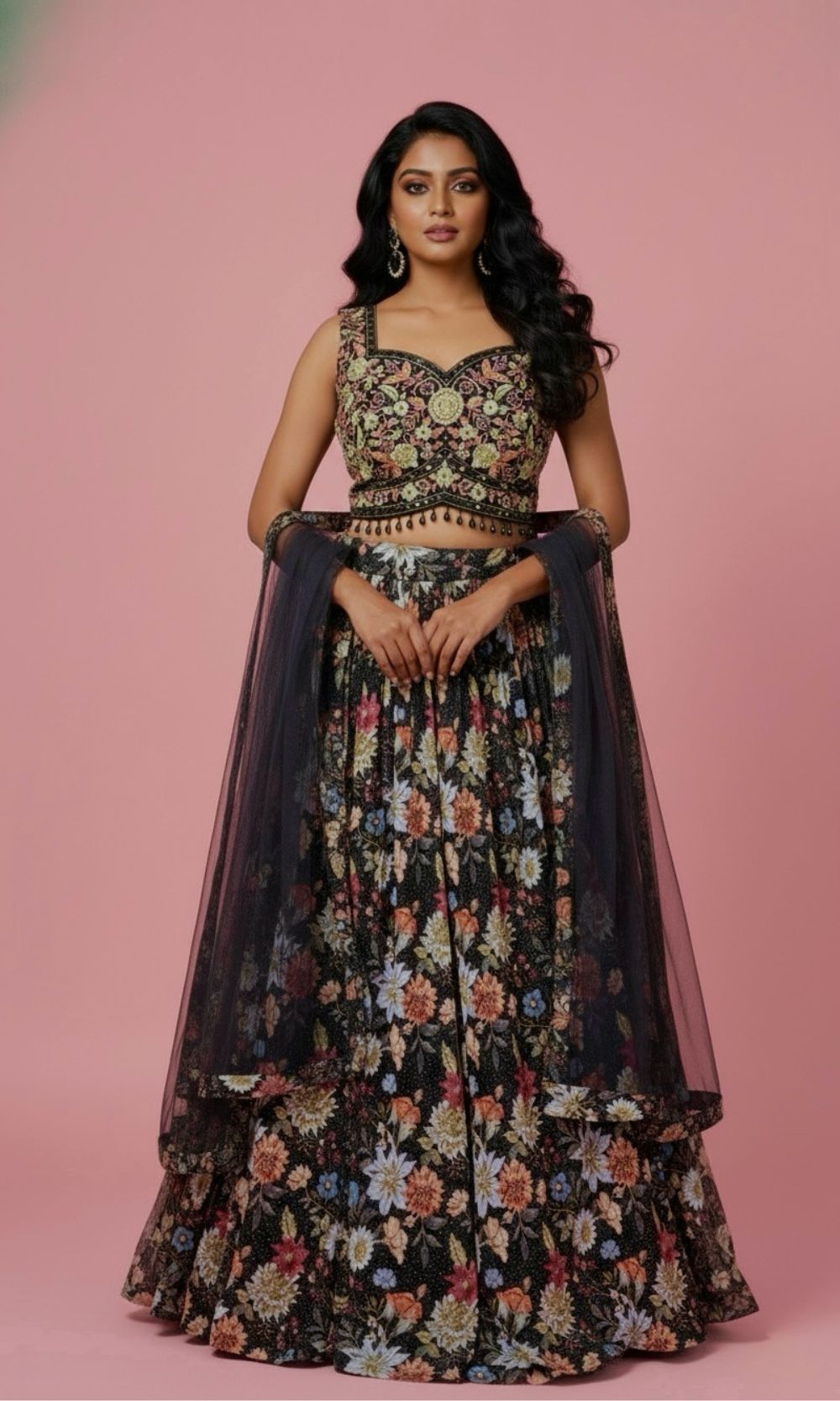 Black Floral Pleated Lehenga Set