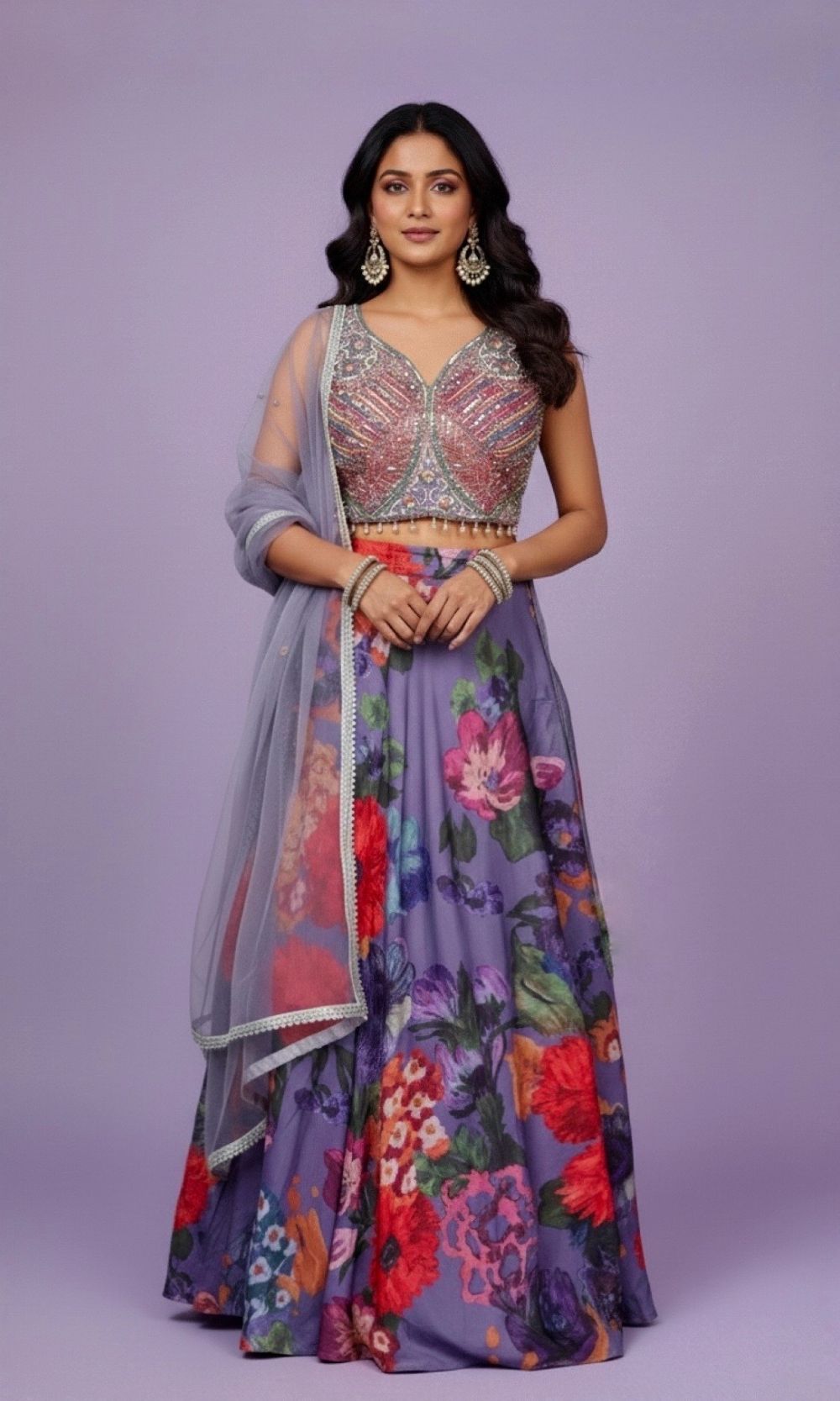 Violet Floral Organza Lehenga Set