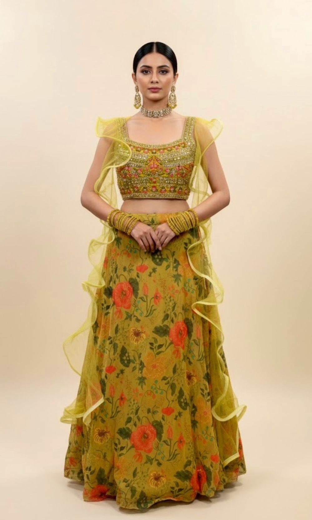 Chartreuse-Yellow Floral Print Lehenga Set