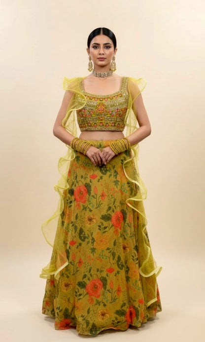 Chartreuse-Yellow Floral Print Lehenga Set