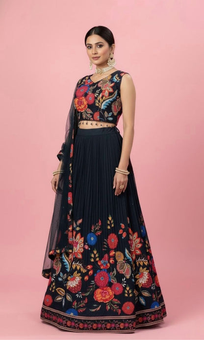 Dark- Blue Pleated Floral Lehenga Set