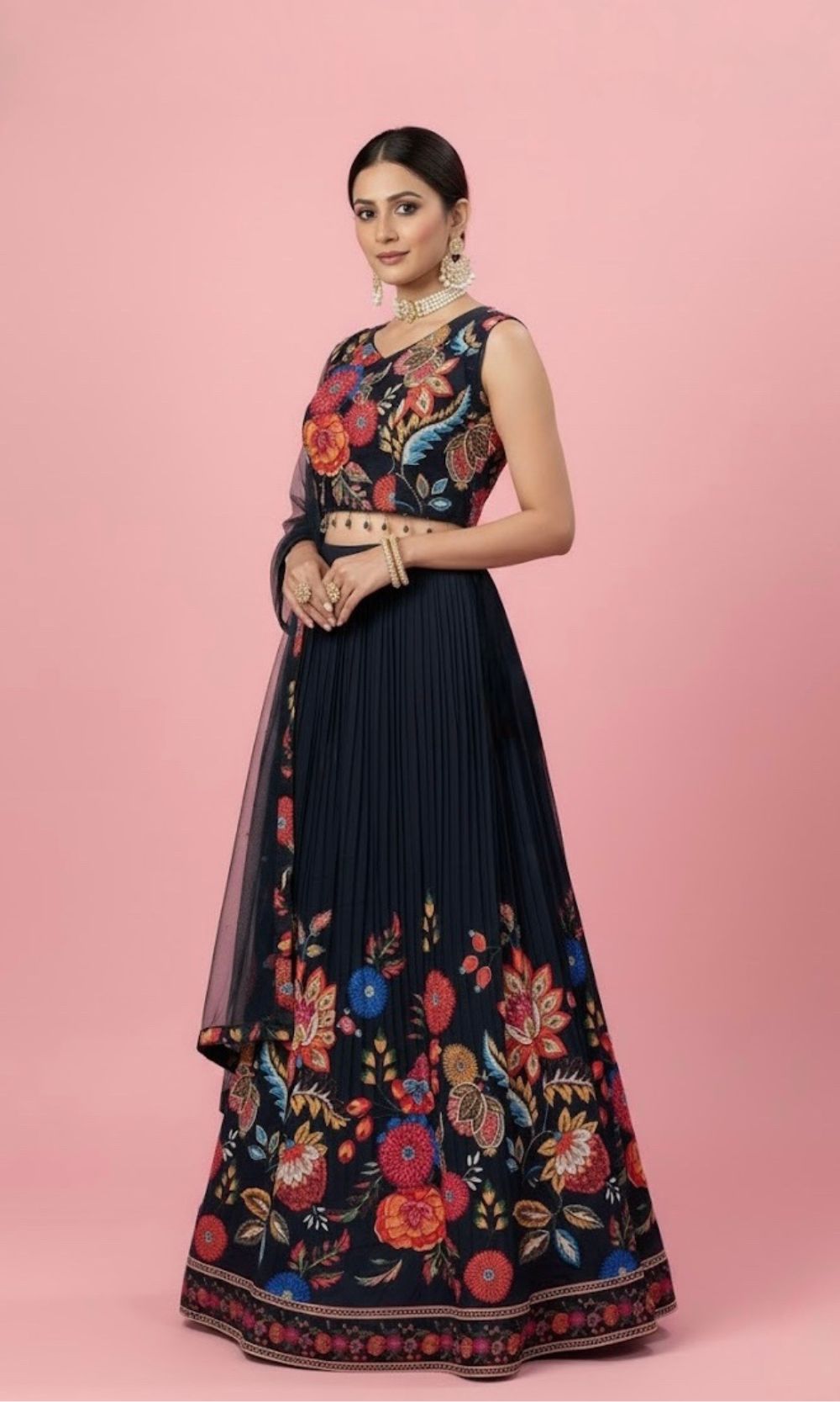 Dark- Blue Pleated Floral Lehenga Set