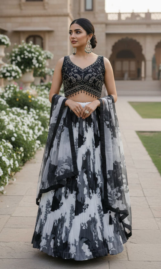 Black and White Pleated Viscose Floral Lehenga Set