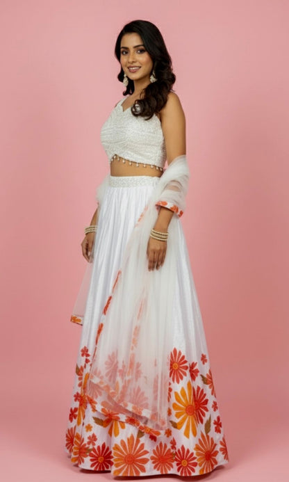White Floral Pleated Lehenga Set