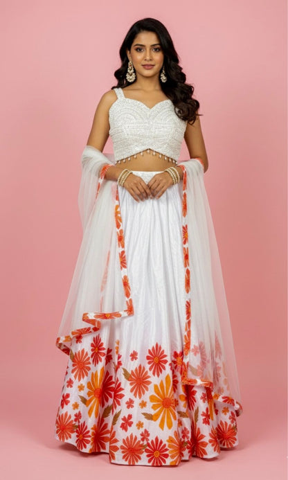 White Floral Pleated Lehenga Set