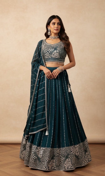 Dark-Green Embroided Lehenga Set