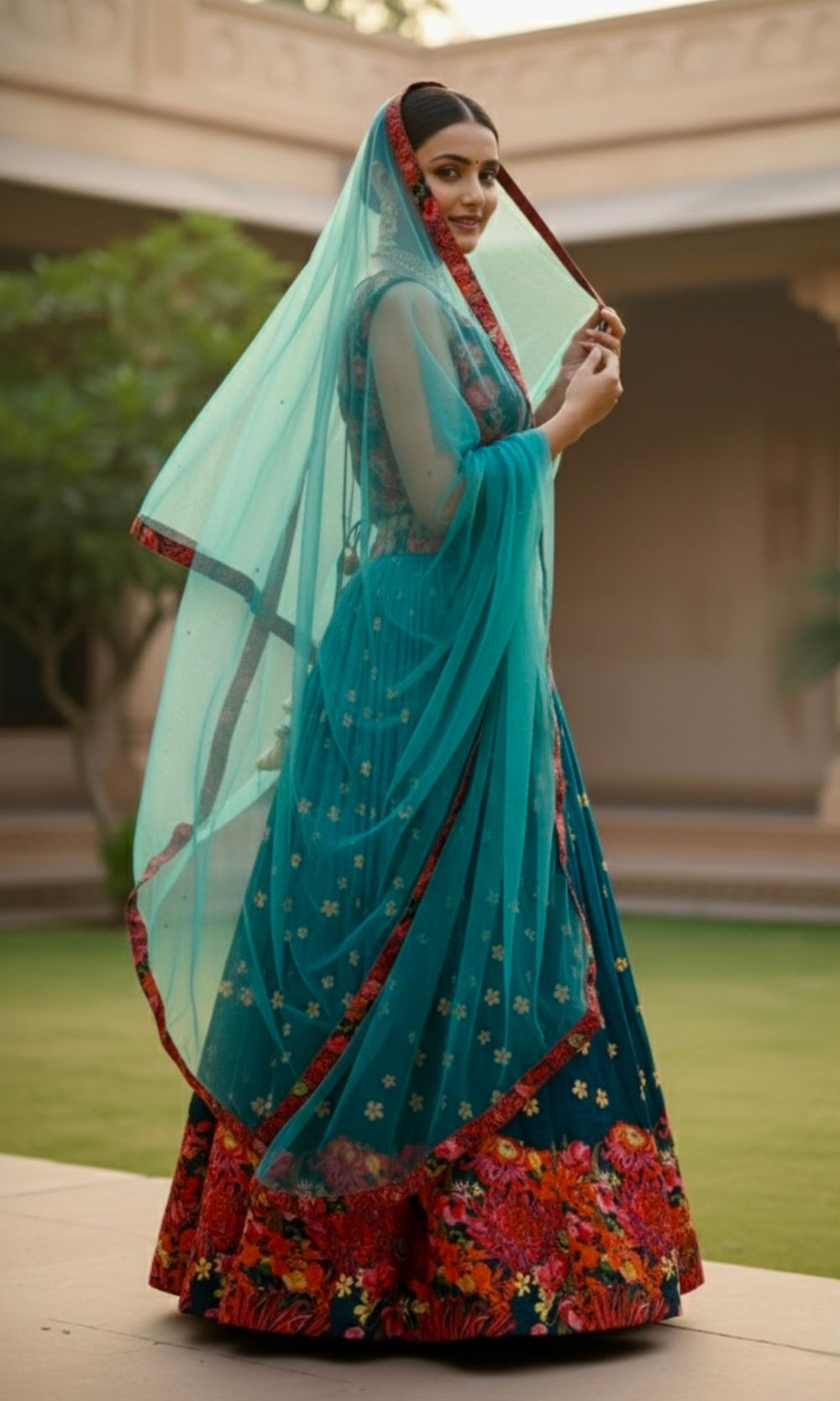 Teal-Blue Floral Lehenga Set