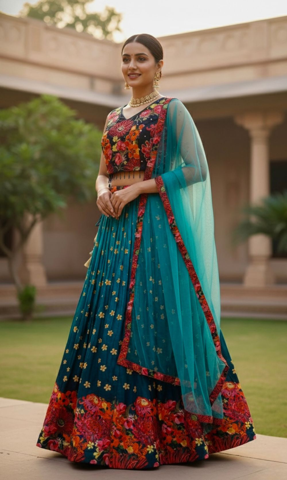 Teal-Blue Floral Lehenga Set