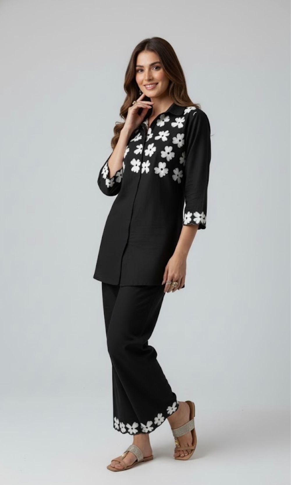 Black Co-Ord Set with White Floral Embroidery