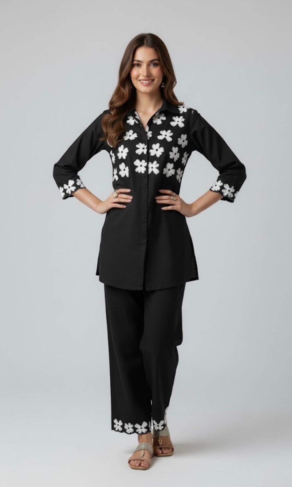 Black Co-Ord Set with White Floral Embroidery