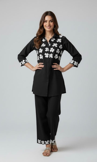 Black Co-Ord Set with White Floral Embroidery