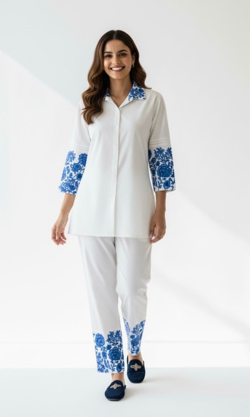 White - Blue Floral Embroidered Co-Ord Set